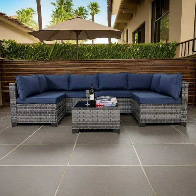 Hommoo 7-Piece Outdoor Patio Furniture Sets, All-Weather Wicker Rattan Sectional Sofa with Glass Coffee Table and Washable Seat Cushion, Gray&Blue
