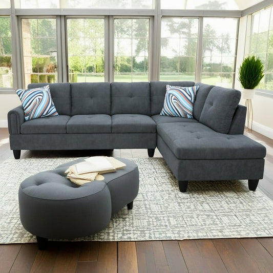 Hommoo Flannel Living Room Furniture Sets, 4-Seat Couches and Sofa Set, L Shaped Couch Set Sectional Sofa Set for Home, Apartment, Dorm, Dark Gray(No Ottoman)