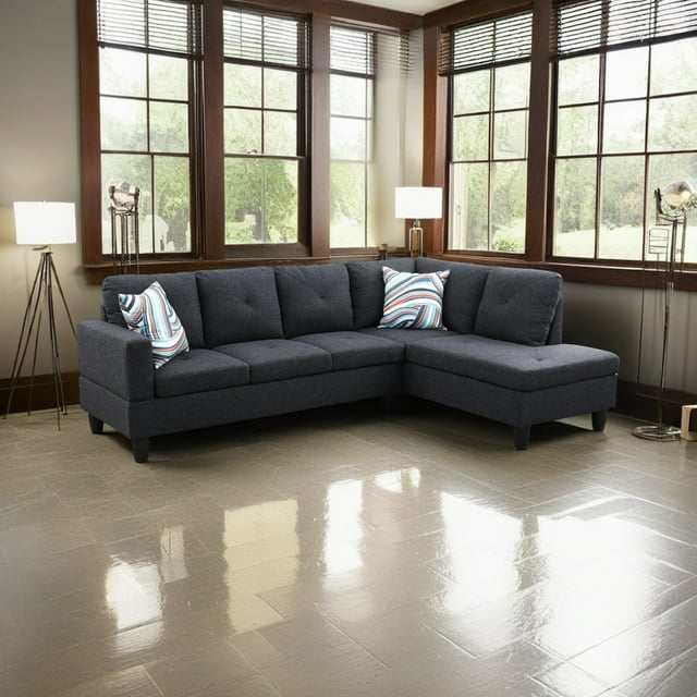 Hommoo Flannel Living Room Furniture Sets, 4-Seat L-Shape Sectional Couch Sofa, Black Grey(No Ottoman)