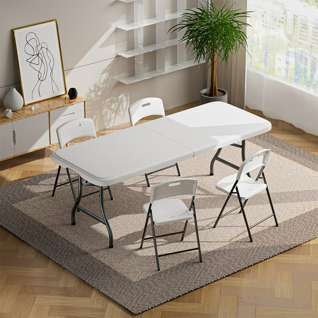 Hommoo Folding Table, Picnic Table, Portable 6 Foot Table, Fold-in-Half Table, Plastic Dining Picnic Party Table, Folding Table 6ft with Handle, White