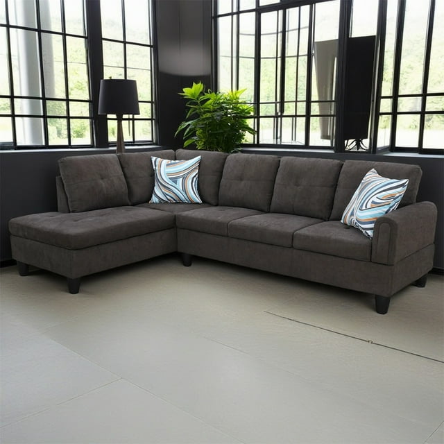Hommoo Sofa Set,Flannel Living Room Sofa Set,L-Shaped Sectional Sofa,2-Piece Couch Living Room,Dark Brown