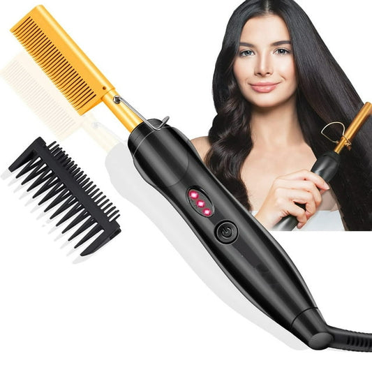 Hot Comb Hair Straightener Heat Pressing Combs - Morfone Ceramic Electric Hair Straightening Comb, Curling Iron for Natural Black Hair Beard Wigs Holiday Gift - Glod