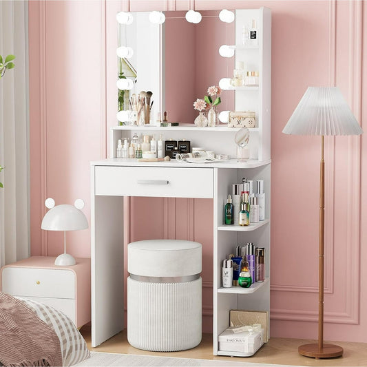 ICEELF Makeup Vanity Desk with Mirror and Lights, 26.4" White Vanity Mirror with Lights with Large Drawer and 6 Level Storage, White Vanity with Large Led Mirror with 3 Color Lighting Modes