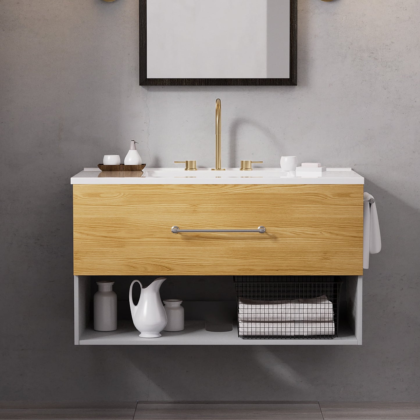 JUSTLET 36" Wall-Mounted Bathroom Vanity with Plastic-Steel Sink, Floating Bathroom Vanity with Towel Rack and Open Storage, A, Nature Wood