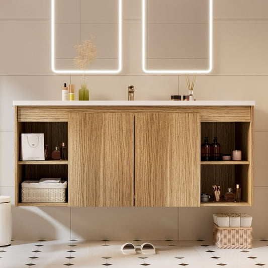 JUSTLET 48 inch Floating Bathroom Vanity with Resin Sink, Wall Mounted Vanity Bathroom Cabinet with Storage Shelf and Soft-Close Doors, Nature Wood
