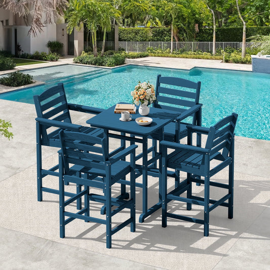 JUSTLET 5-Piece HDPE Outdoor Bar Table and Chairs Set, Oversize Adirondack Tall Chairs，Dark Blue