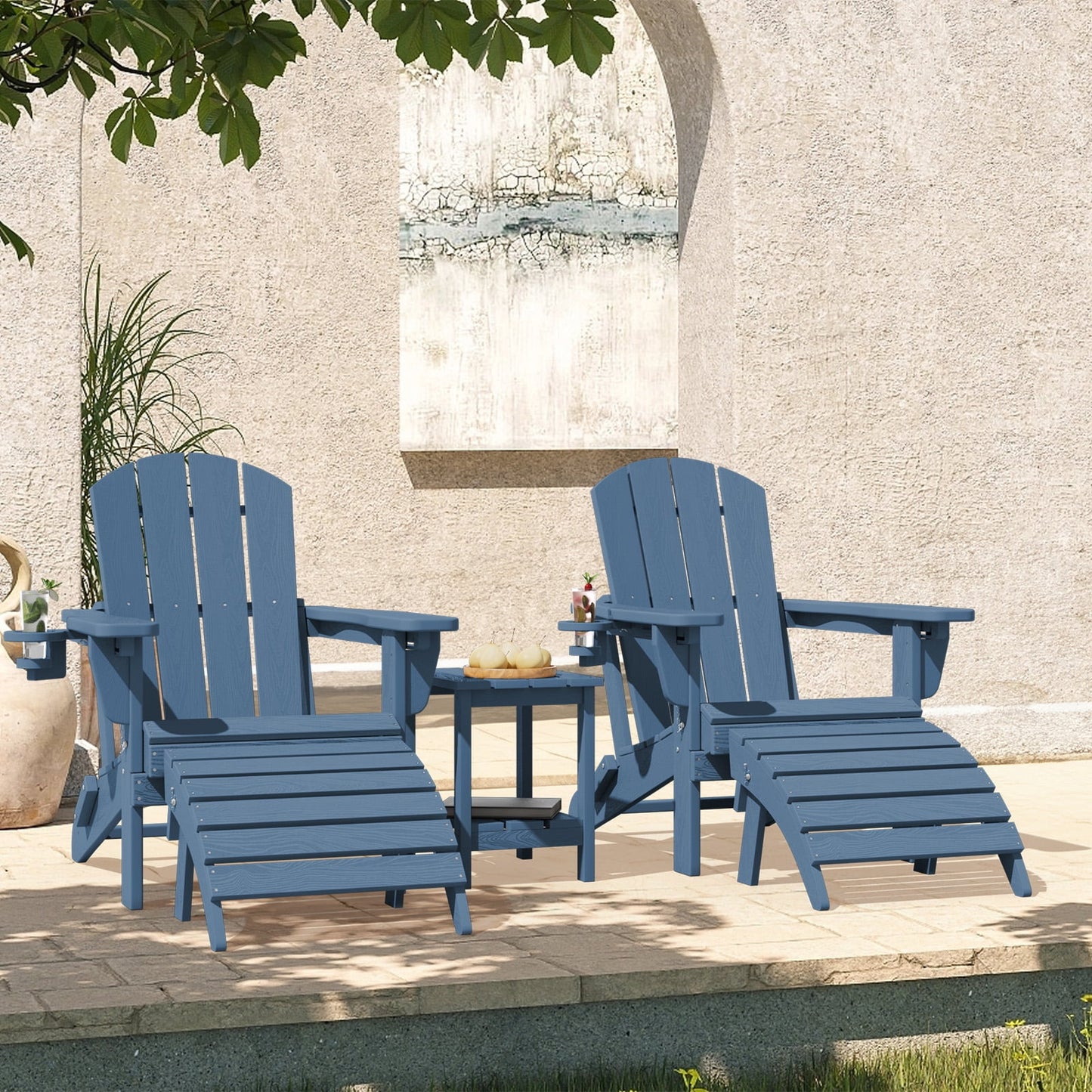 JUSTLET 5-Piece Outdoor HDPE Adirondack Chair with Cup Holder and Folding Ottoman and Table Set,Adjustable Backrest Patio Adirondack Chair,Navy Blue