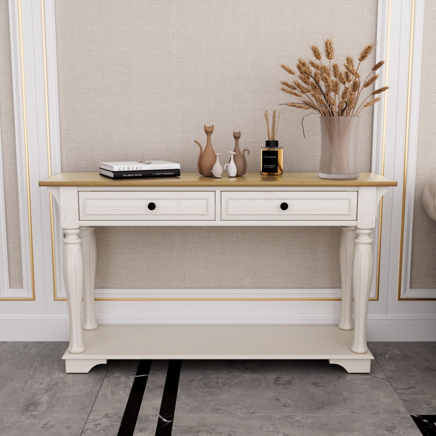 JUSTLET Entryway Table with Storage, Solid Wood Console Table with Drawers and Shelf, Modern Entry Table Console Table for Living Room Entryway Hallway, White + Natural