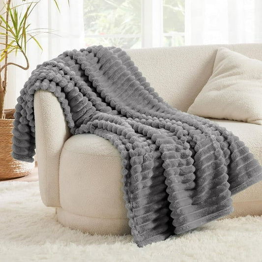 JUSTLET Fleece Throw Blanket for Couch-Super Soft&Warm Bed Fluffy Throw Blanket for Sofa, Lightweight Striped Cozy Bed Blanket All Season Use, Light Grey, 50"*60"