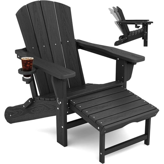 JUSTLET Folding Adjustable Adirondack Chair with Retractable Ottoman, HDPE Weatherproof Material with Double Cup Holder, Black.