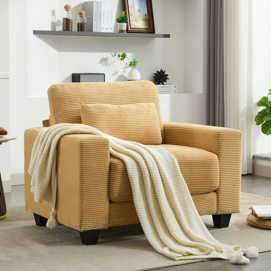JUSTLET Modern Accent Chair, Corduroy Armchair, Upholstered Single Sofa Chair and a Half with Pillow for Living Room Bedroom Furniture, Yellow