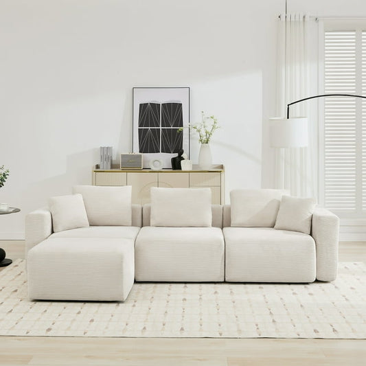 JUSTLET Modern L-Shaped Sofa with Wide Arms and Ottoman, Plush Corduroy 3-Seater Couch, Modular Living Room Furniture Set, Beige