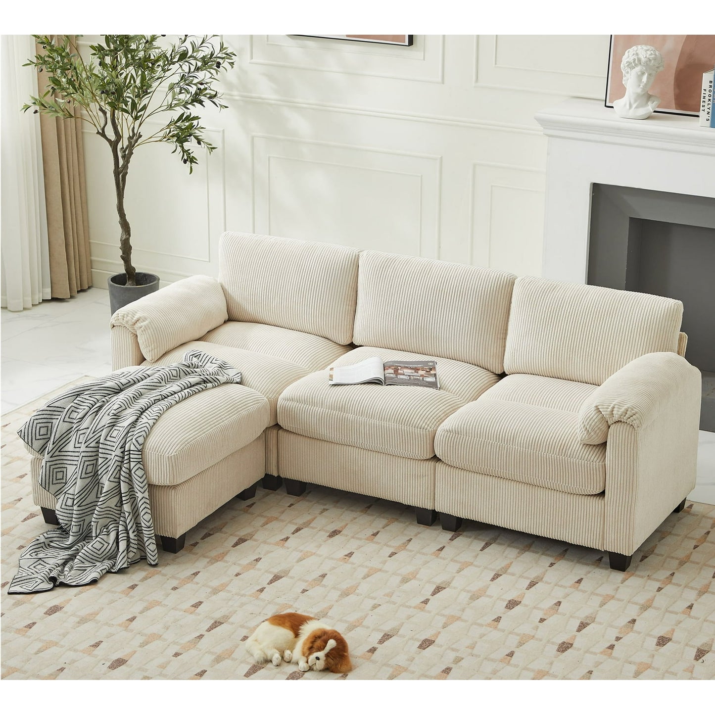 JUSTLET Modular Sectional Sofa, L Shaped Corduroy Sofa Couch, Modular Sectionals with Ottomans, 4 Seat Sofa Couch with Chaise for Living Room Bedroom, Beige