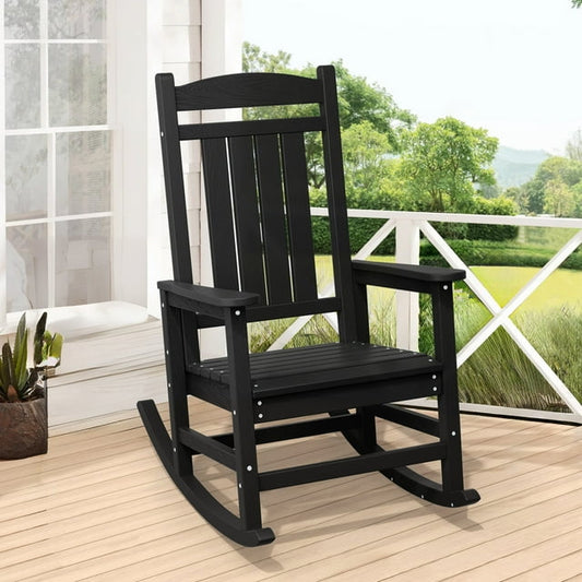 JUSTLET Outdoor High Back Porch Rocking Chair with Arms for Adult,All-Weather HDPE Adirondack Rocker for Patio, Porch, Garden, Lawn, Indoor Use,Black