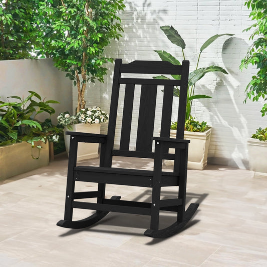 JUSTLET Outdoor High Back Porch Rocking Chair,HDPE Oversized Adirondack Slat Rocker Chairs for Patio,Garden,Lawn,Balcony,Black