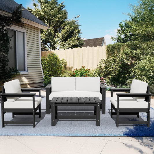 JUSTLET Patio Furniture Set, 4-Piece Patio Conversation Set - 2 Outdoor Chairs & 1 Loveseat with Cushions, Coffee Table - Durable All-Weather Sectional Sofa for Poolside, Courtyard,Resorts, Khaki