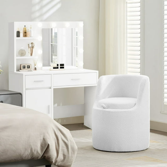 JUSTLET Vanity Chair with Back, Upholstered Accent Barrel Chair with Storage, Comfy Makeup Stool Chair for Bedroom Living Room, Perfect Gift for Girls and Women, White