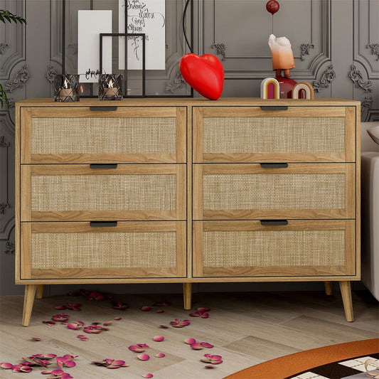 Kadyn Chest of Drawers, Rattan Nursery Dresser for Bedroom, Sideboard Buffet Cabinet with 6 Drawer, Walnut