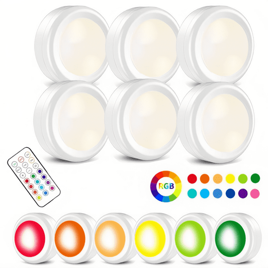 LED Closet Lights Wireless Puck Light with Remote Control, 13 Colors Changeable Cabinet Indoor Lighting Magnet Stick-on Light for Counter Kitchen Wardrobe (6 Pack)