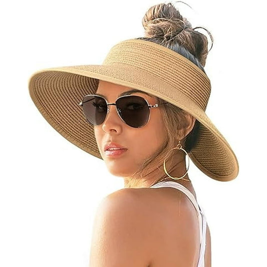 LOOIKOOS Sun Visor Hats for Women,Wide Brim Straw Ponytail Summer Beach Hat UV UPF Packable Foldable Travel Khaki