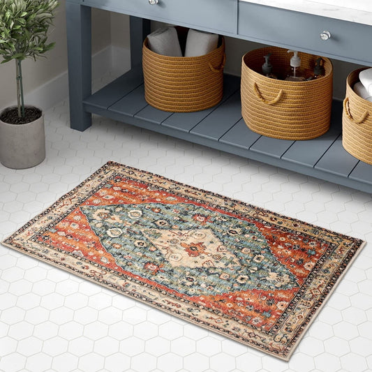 Lahome 2'x3' Area Rugs for Living Room,Machine Washable Rugs,Low Pile Non Slip Vintage Floral Print Rug Carpet for Entryway,Hallway,Kitchen,Home Decor,Geometric Tribal