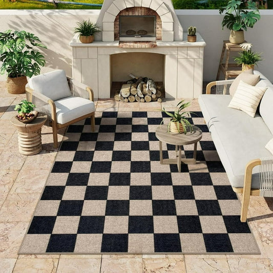 Lahome 5'x7' Checkered Easy Jute Area Rug,Outdoor Patio Rug Washable Rugs for Entryway Checkerboard Indoor Outdoor Living Room Classroom Rugs,Farmhouse Neutral Non Slip Black Carpet for Bedroom