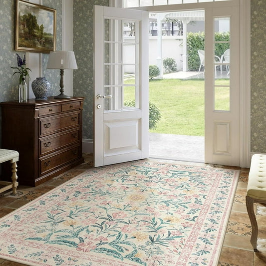 Lahome 5'x7' Washable Area Rug for Living Room with Non Slip Backing,Traditional Boho Rug,Low Pile Lightweight Carpet,Floral Print Mat,Better Home,Washable Machine for Bedroom,Pink