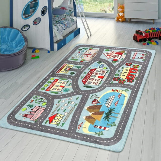 Lahome Montessori Playmat Rug for Kids,4'x6' Kids Car Carpet Playmat Rug,Non Slip Playroom Rug Play Mat for the Floor,Car,Educational Road Traffic Rug for Playroom Bedroom Boys,Girls Gift,Blue