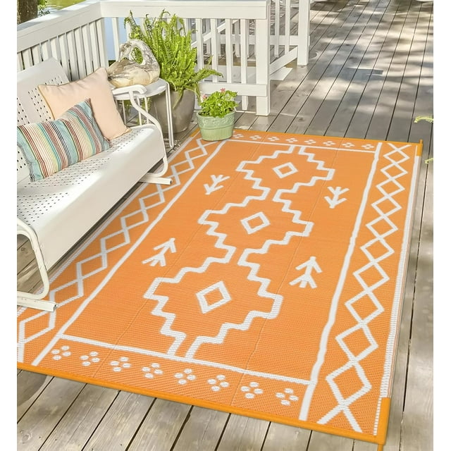 Lahome Outdoor Plastic Straw Rug,5'x 8' Reversible Waterproof Outdoor Rug Carpet,Boho Patio Rug, RV Camping Rug for Outside,Indoor Outdoor Area Rug for Backyard Deck Balcony Picnic,Orange