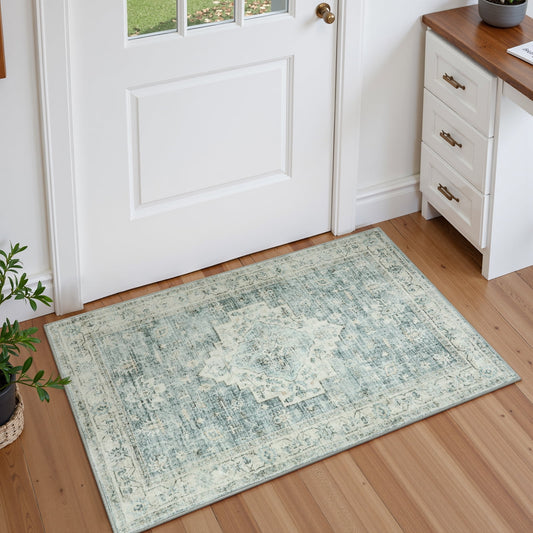 Lahome Washable Rug 2'x3' Farmhouse Indoor Entryway Rug Tribal Low-Pile Small Rug for Front Door, Print Distressed Room Carpet Non-Slip Throw Rug for Kitchen Bathroom Sink Entry,Green