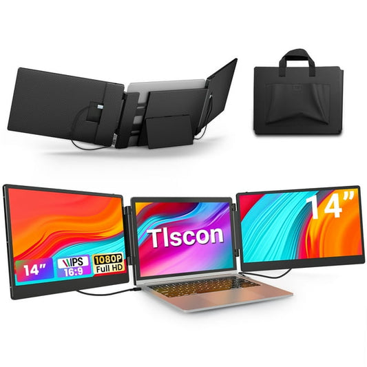 Tlscon Laptop Screen Extender, 14" 1080P FHD Triple Portable Monitor Build-in Stand & Dual Speakers Fit for 13''-16.1'' , Plug and Play, Compatible with Windows, MacOS, Chrome, Android, PS5