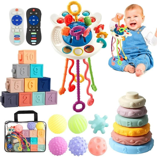 Lauon Baby Toys for 6 to 12 Months, 5 in 1 Montessori Toys for Babies, Sensory Toys for Toddlers 1-3,Pull String Toys, Stacking Blocks, Sensory Shapes & Teething Simulation Remote Control