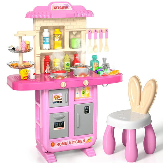 Lucky Doug Girls Kitchen Play Toys for Toddlers Girls Ages 3-5-8, Play Kitchen Set with Chair Girls Toys with Light & Sound & Spray