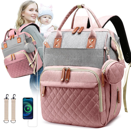 Morfone Baby Diaper Bag Backpack, Baby Bag for Girls & Boys, Large Travel Diaper Backpack with 16 Pockets, Stroller Straps & Pacifier Case for Mom & Dad(Pink Grey)