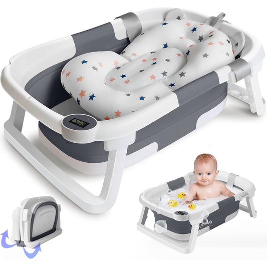 Morfone Collapsible Baby Bathtub, Baby Bath Tub with Soft Cushion & Thermometer, Baby Bathtub Newborn to Toddler 0-36 Months, Portable Travel Baby Tub, Gray
