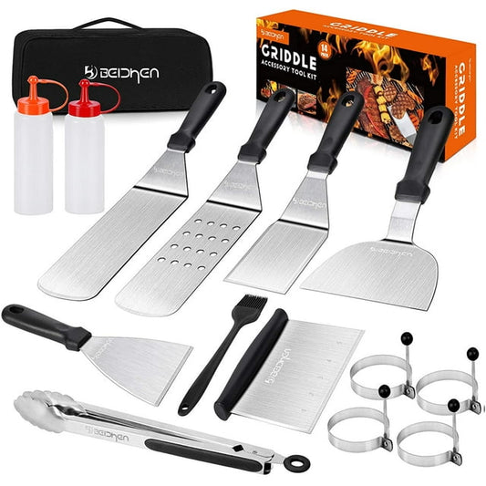 Morfone Griddle Accessories Kit, 14 Pcs Stainless Steel Griddle Grill Tools Set Blackstone and Camp Chef, Professional Grill Spatula Set for Men Women Outdoor BBQ and Camping