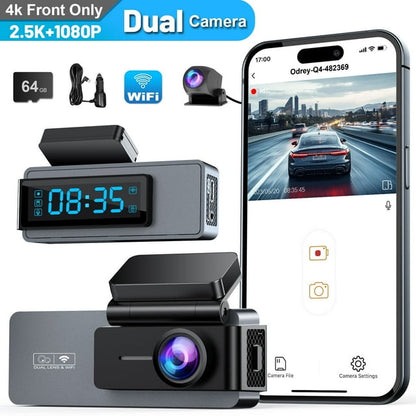 ODREY Dash Cam Front and Rear, 2.5K+1080P WDR Dash Camera for Cars, 4K Single Front Built-in WiFi Car Camera with G-Sensor, Super Night Vision, 64GB Card, Loop Recording, Parking Mode