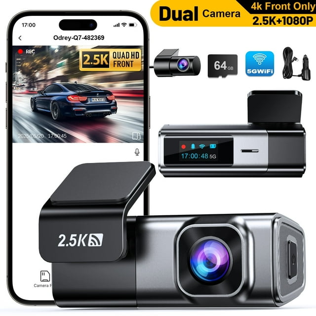 Odrey Car Dash Cam Front and Rear, Dashcam 5G WiFi with 64GB Card, Dash Camera for Cars with G-Sensor 24H Parking Mode, Front and Rear Dash Camera with Super Night Vision, Loop Recording