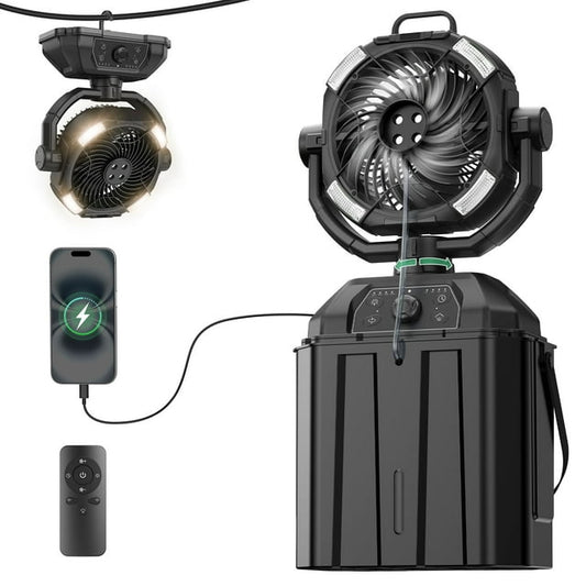 Kfonla Portable 6L Ice Bucket Misting Fan, 20000mAh Rechargeable Camping Fan with LED Lantern Light Remote & Hook, Floor Battery Powered Cooling Outdoor Fans for Patios Camping, 4 Spray Mister, Black