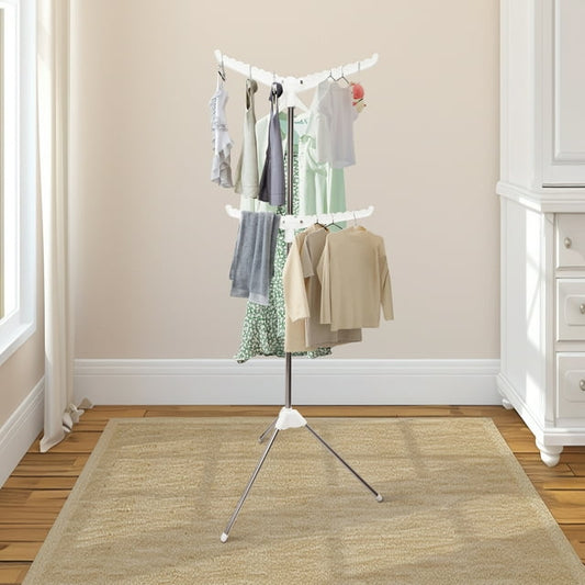 Qissep Stainless Steel Foldable 2-Tier Clothes Drying Rack,for Living Room,Balcony and Bedroom Small Drying Rack,White