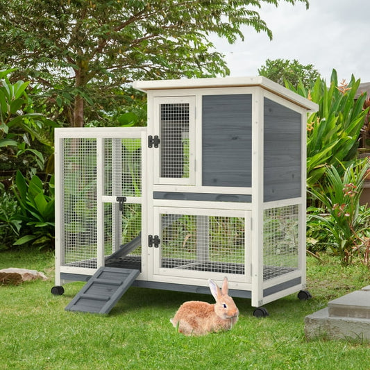 Rabbit Hutch Bunny Cage Outdoor Wooden House for Small Animals with Wheels,Grayish Blue