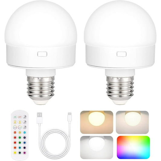 Rechargeable Battery Operated Light Bulb with Remote Control 2 Packs, 350LM Dimmable Detachable LED Bulb with 15 Colors Selectable & 3 Timer, Wireless Puck Light Bulb for Wall Sconce