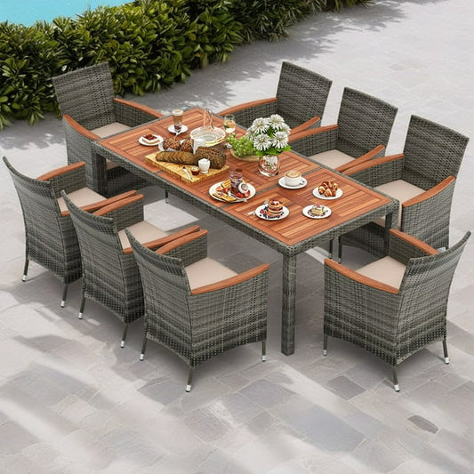 Resenkos 9 Piece Patio Rattan Wicker Dining Furniture Set for 6 People, Sectional Conversation Set with Acacia Wood Beige