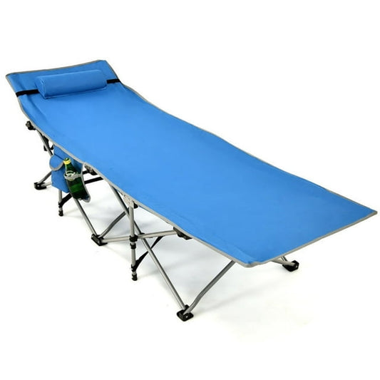 Resenkos Folding Camping Cot with Side Storage Pocket Detachable Headrest-Blue,Compact Camping Cot Backpacking Ultralight Folding Lightweight Cot Easy Set up Heavy Duty for Outdoor Hiking