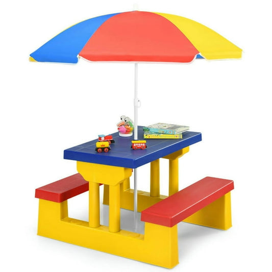 Resenkos Kids Picnic Folding Table and Bench with Umbrella-Yellow, Small Folding Table for Arts & Crafts, Snack Time, Homeschooling, Homework