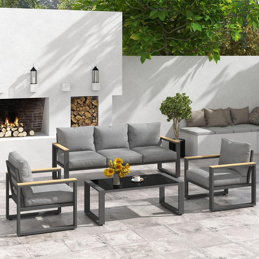 RoyalCraft Aluminum Patio Furniture Set, 4 Piece Outdoor Conversation Set with Coffee Table, Metal Outdoor Patio Furniture Set for Porch Backyard Garden, Grey
