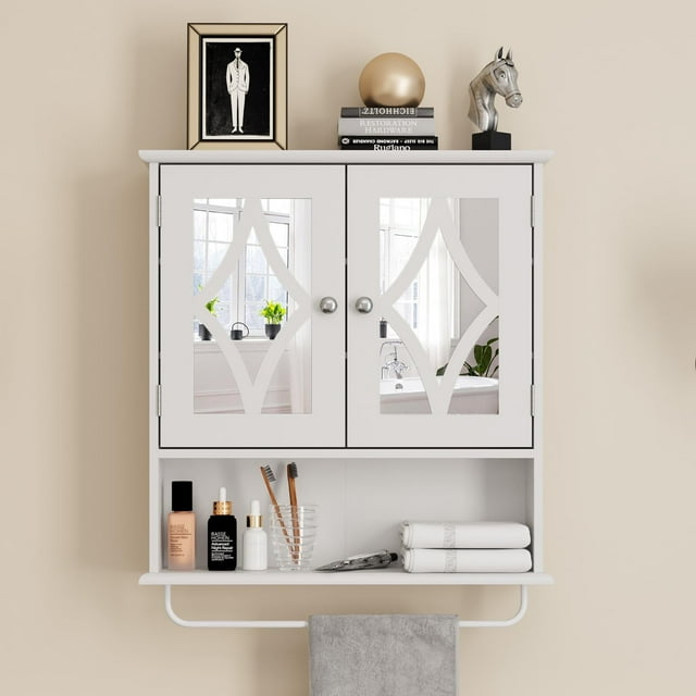 RoyalCraft Bathroom Medicine Cabinet with Mirror, Vanity Wall Mounted Storage Cabinet with Adjustable Shelves and Towel Bar, Hanging Wall Cabinet for Bathroom, Laundry, Living Room, White