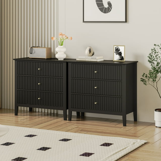 May in Color Large Fluted 3 Drawer Dresser set of 2, Wide Chest of Drawers with Modern Nightstand Cabinet Wood Dresser with Spacious Storage for Bedroom, Living Room, Black