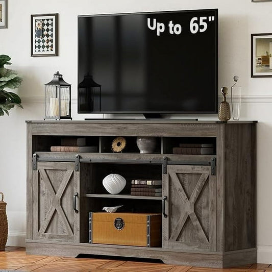 Royalcraft Farmhouse TV Stand for 65+ inch TV,34'' Tall Entertainment Center with Sliding Barn Doors, Rustic Wood Media Console Storage Cabinet Television Stand for Living Room, Light Grey