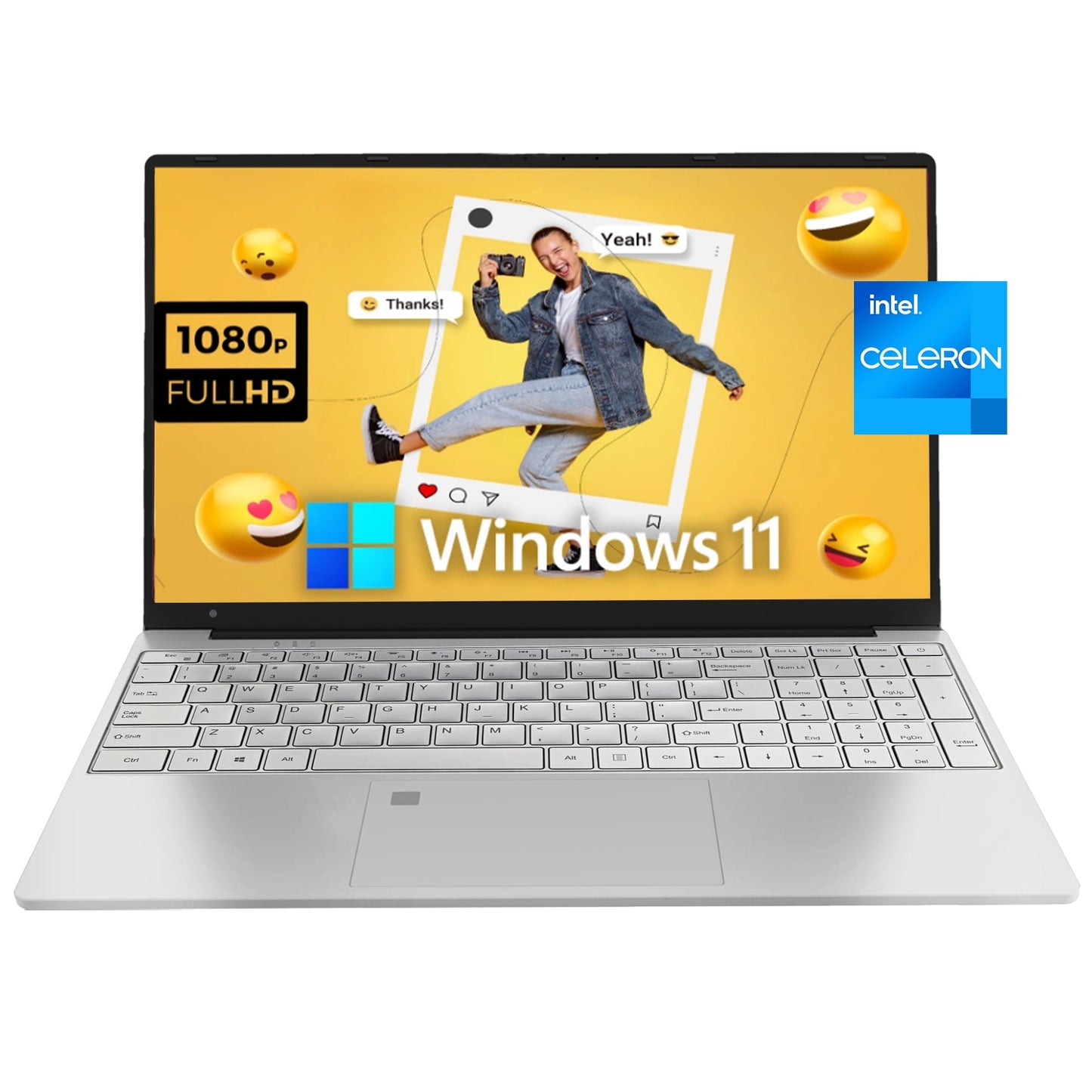 SANPTENT 15.6" Full HD Windows 11 Pro Laptop for Office & Study, 16GB RAM 512GB SSD, Intel Celeron N5095, FingerPrint, Backlit Keyboard,Wi-Fi, HDMI, Silver